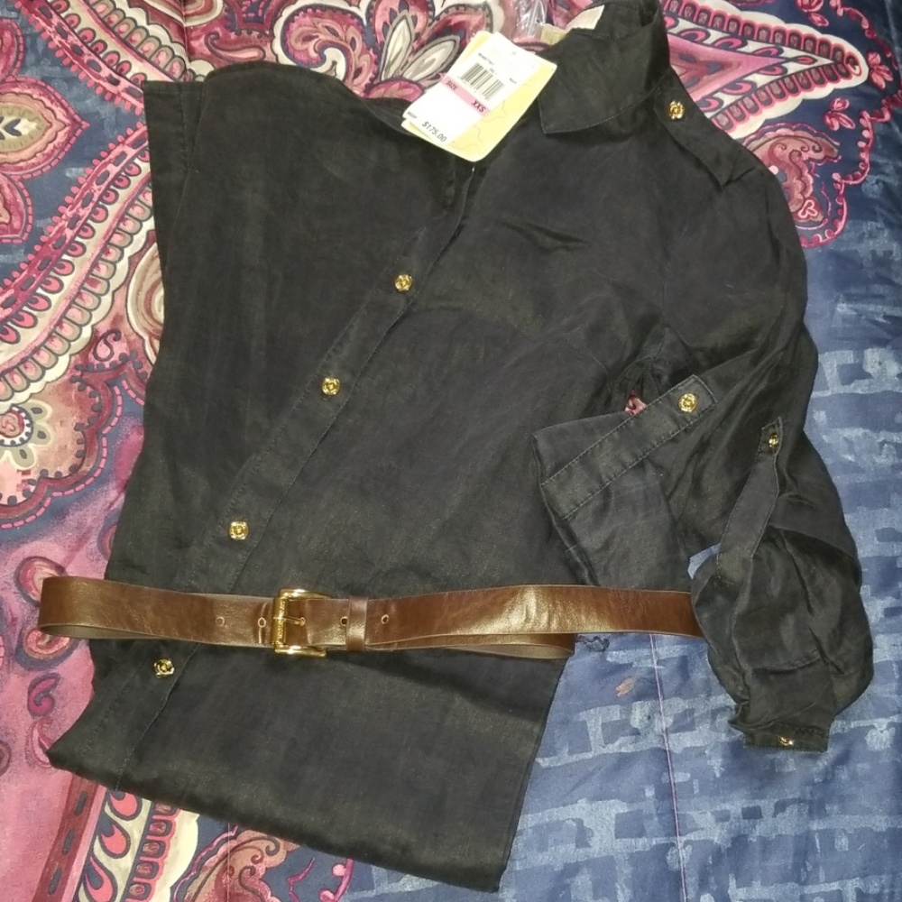 Michael Kors Linen Dress With Belt (Dark Blue)